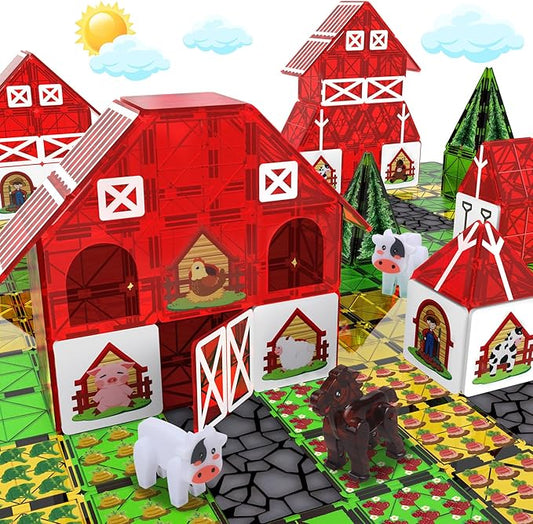 Magnetic Tiles Farm Animal Toy Set with Interactive Cow & Horse, Magnetic Building Blocks for Kids Ages 3-5 4-8 5-7, Magnet Tiles Educational STEM Toy for Boys & Girls