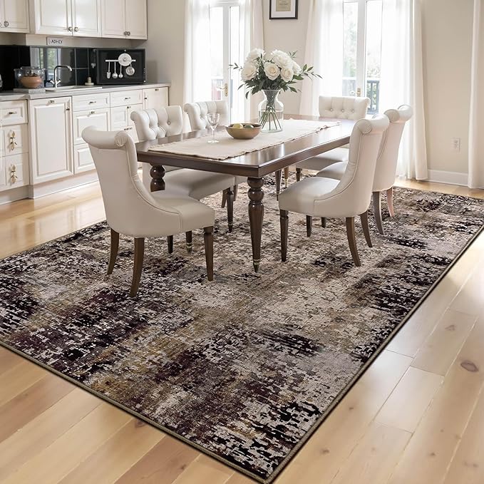 Ompaa Living Room Rug 5x7 Brown Area Rug Machine Washable Boho Coffee Rug Non Slip Abstract Vintage Indoor Large Rugs for Bedroom, Classroom, College Dorm, Farmhouse, Dining Room, Kids Playroom