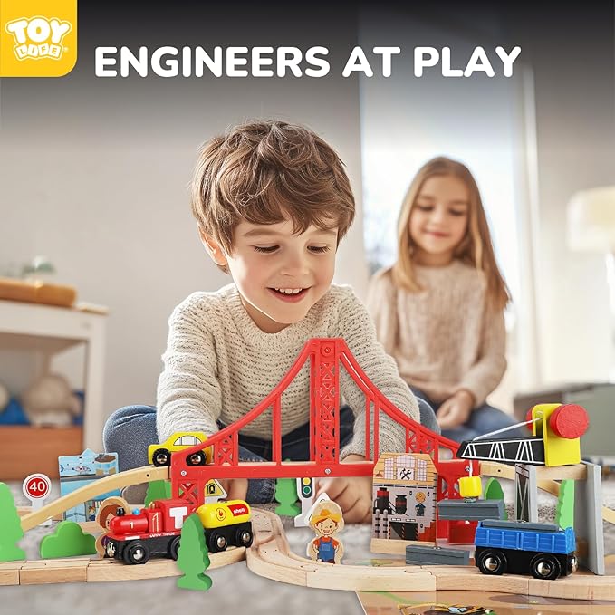 TOY Life Wooden Train Set 80pcs with Magnetic Crane, Wooden Train Tracks Toys for Toddlers Boys Girls 3 4 5, 3 Year Old Boy Gift, Wood Toys Toddler Train for Kids 4-8 - Fits Thomas Brio Chuggington