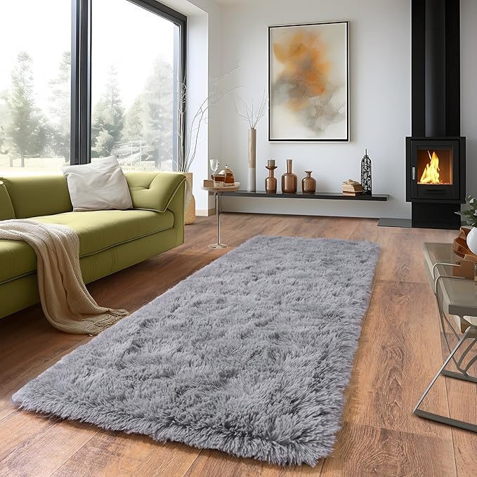 Super Fluffy Throw Rug for Bedroom, Modern Shag Grey Area Rugs, Soft and Cozy Plush Small Carpet for Kids,Girls Boys and Teens Decorations for Living Room Dorm Nursery Classroom, 2x6 Feet