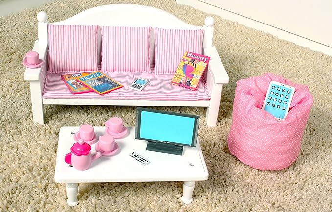 Playtime by Eimmie 18 Inch Doll Furniture Couch & Coffee Table Set – White, Wooden Playset with Living Room Accessories, Fits American, Generation, My Life & Similar 14”-18” Dolls
