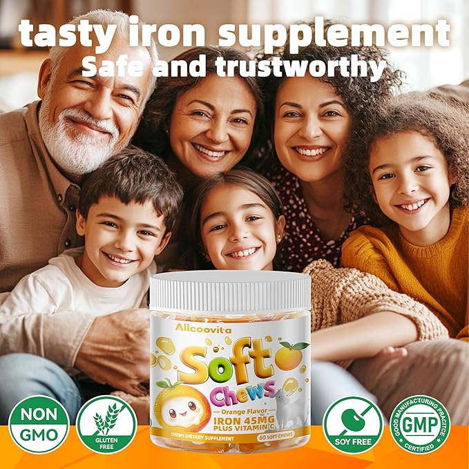 Iron Soft Chews Supplement with Vitamin C | Orange Flavored | Gluten Free | Iron Supplement for Women Men and Kids | 60 Count | 2 Month Supply