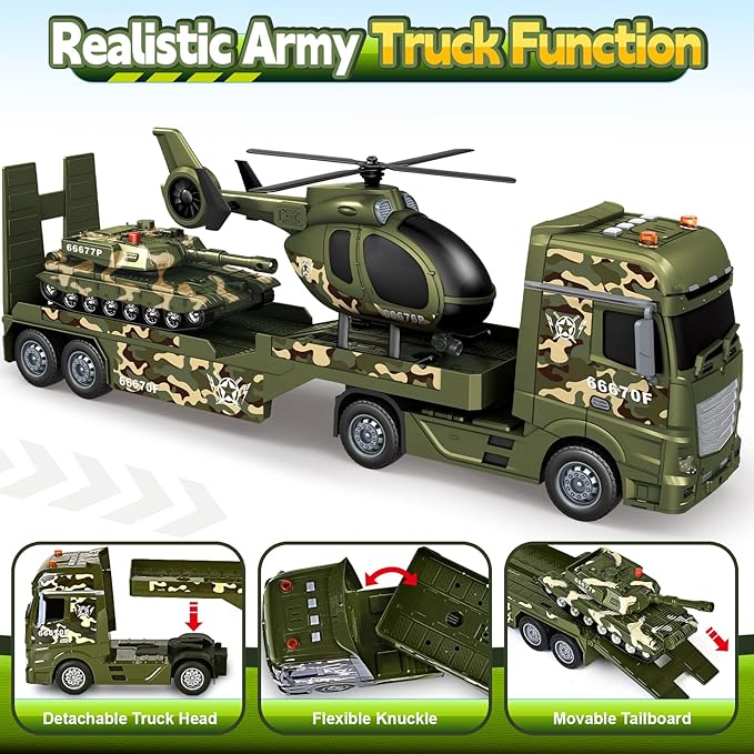 Toddler Boy Toys for 3 4 5 6 7 Years Kids, 25" Semi Army Truck Toy with Helicopters and Tank, Friction Powered Military Toys with Lights and Sounds, Birthday for Boy Girls