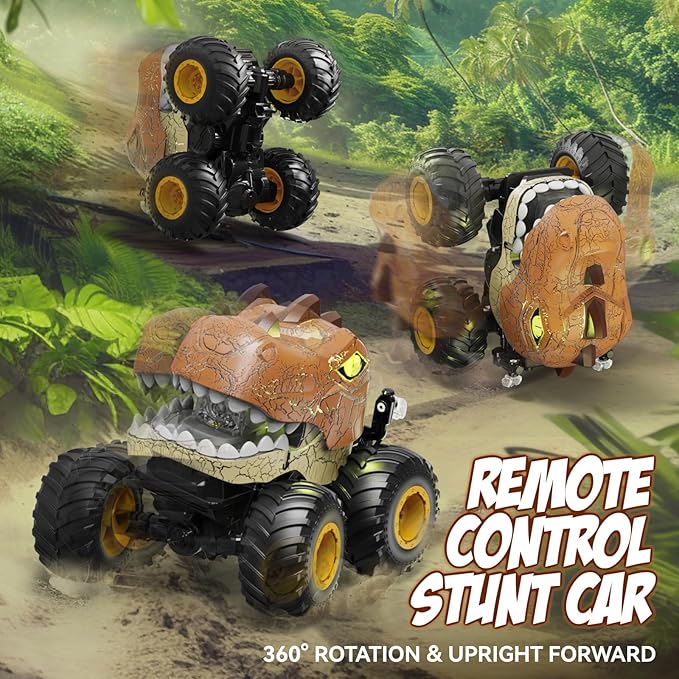 Remote Control Dinosaur Monster Truck, 2.4Ghz RC Stunt Cars for Kids 3-5 with Spray/Lights/Music, Outdoor Toys Dinosaurs Car for 4 6 7 8 Years Old Boys & Girls Christmas Birthday Gifts Ideas