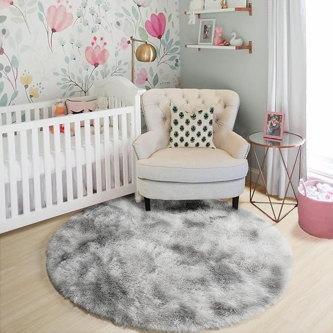 Amdrebio Tie-Dyed Light Grey Round Area Rugs for Living Room, 6x6 Ft, Soft Large Circle Rugs for Bedroom, Big Shag Fluffy Fuzzy Carpet for Kids Room, Modern Floor Circular Rug, Furry Farmhouse Rug