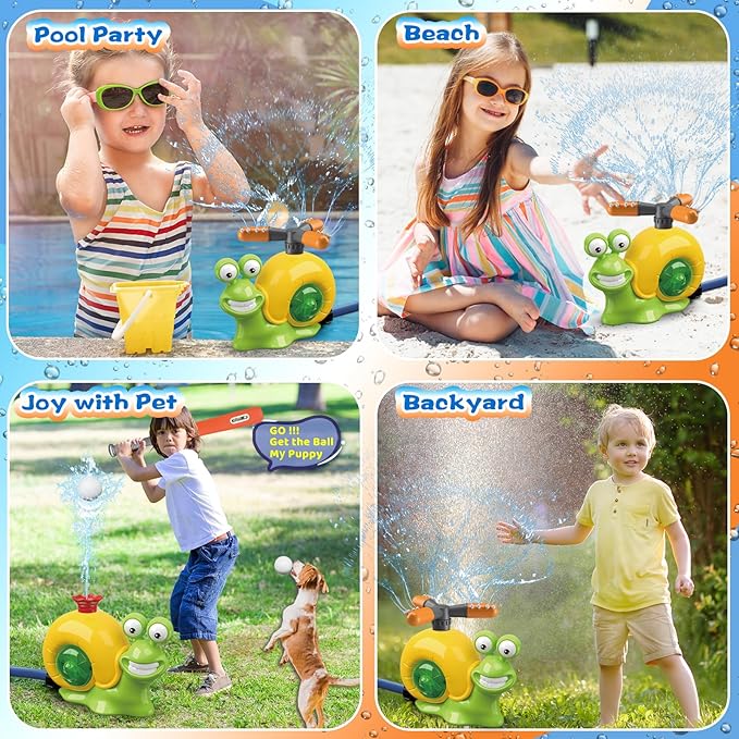 3-in-1 Water Sprinkler Baseball Toy, 360° Rotating Water Baseball Tee & T Ball Sprinkler with Water Balls, Summer Outdoor Water Toys for Kids Backyard Games Lawn Pool, Snail, Ages 3+