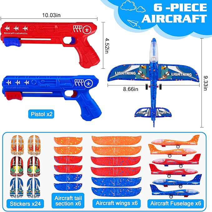 3 Pack Airplane Launcher Toys, 2 Flight Modes LED Foam Glider Catapult Plane, Outdoor Flying Toy for Kids, Birthday Gifts for Boy Girl 6+ Year Old, B-Day Party Supplies