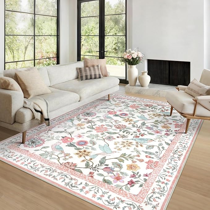 Floral Washable 5x7 Area Rug, Soft Non-Slip Pink Rugs for Girls Bedroom Low Pile Flower Birds Living Room Rug, Non-Shedding Botanical Indoor Carpet for Nursery Playroom Dining Room