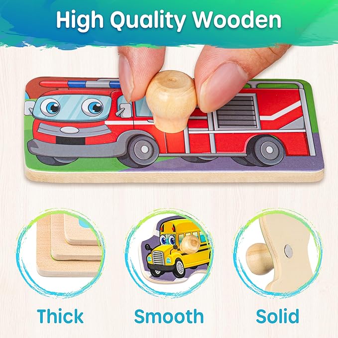 SYNARRY Wooden Puzzles for Toddlers 1-3, 6XSET Puzzles for Toddlers 2-4 with Rack, Learning Alphabet Number Shape Animal Dinosaur Vehicle, Education Toddler Puzzles Toys Gifts for 2 3 Years Boys Girls