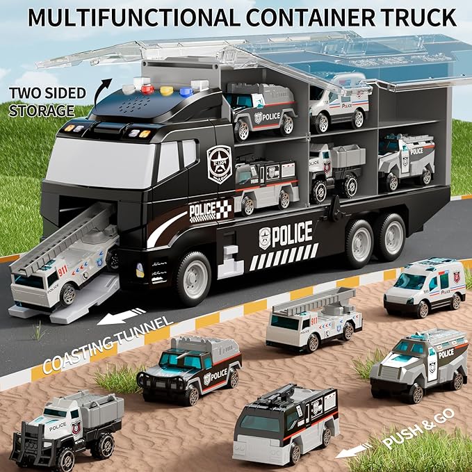 Toddler Boys Toys for 3 4 5 6 Years Old, Police Truck Vehicle Toy Set with Play Mat, Die-Cast Toy Car Carrier Truck for Kids, Birthday Gifts Toys for 3 4 5 6 7 8+ Year Old Boys