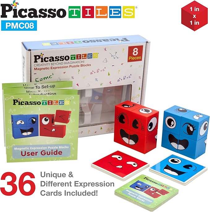 PicassoTiles Magnetic Expression Puzzle Toy Building Block Mix & Match Cubes Cubes Magnet Sensory Toys Pre-School Gifts Educational STEM Learning Kit for Kid, Baby Toddler Age 3 and Up 8 Pieces PMC08