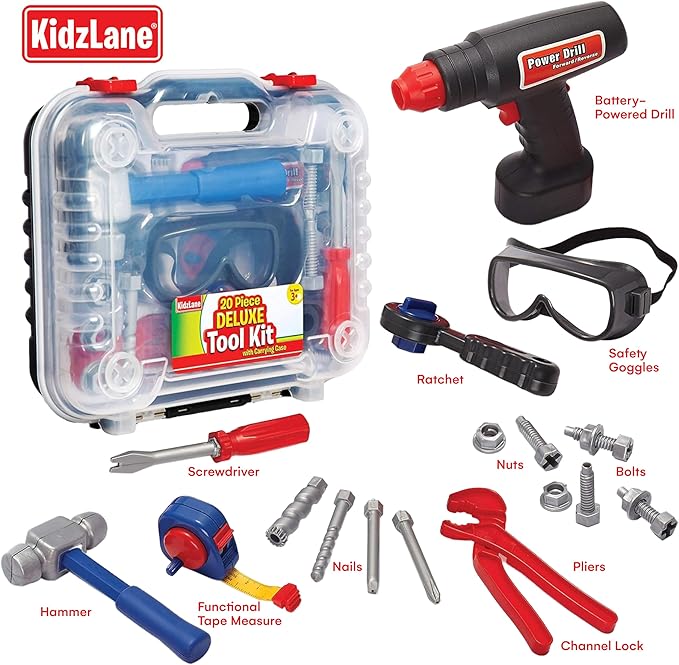 Kidzlane Tool Set for Toddlers and Kids - 20pcs Toy Tools with Electronic Cordless Drill and Tool Box - Tool Box for Kids, Toddler Boys and Girls - Kidzlane Tool Set 19 Pieces - Play Tool Kit