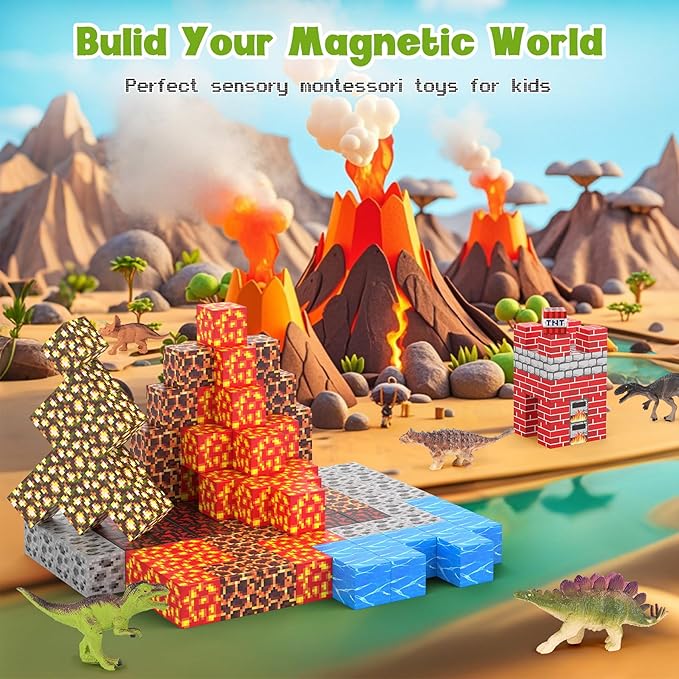 Magnetic Blocks 216Pcs Volcano Style, Magnetic Building Blocks for Boys 6-8,Toys Gift for 6+ Year Old Kids, Construction Toys
