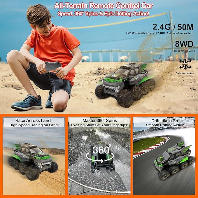 Amphibious Remote Control Car 8WD RC Monster Truck with 2 Rechargeable Batteries for Boys Age 8-12 Offroad Waterproof RC Pickup 2.4GHz All Terrain RC Drift Cars Beach Pool Toys Gifts for Kids Green