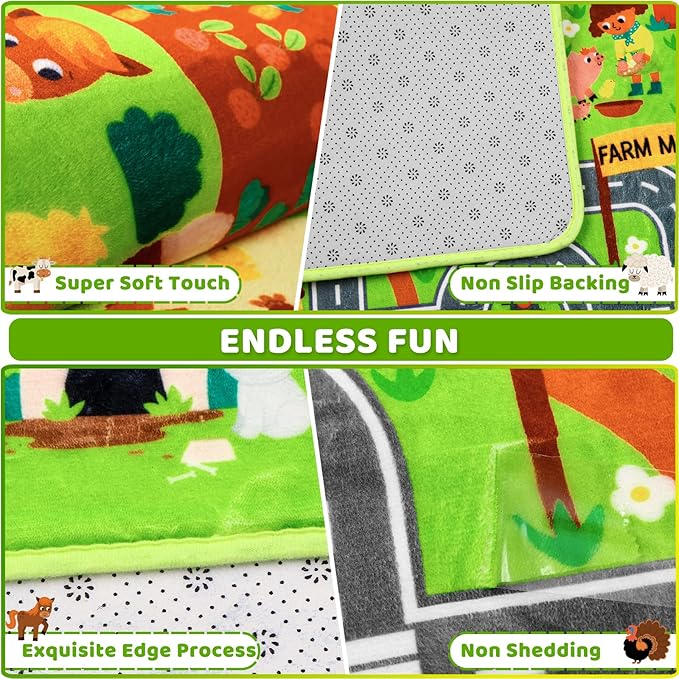Kids Rug Play Mat for Toy Cars, 59"×78.7" Farm Life Road Traffic for Playroom Kids Car Road Rugs Village Map Play Mat Non-Slip Washable Play Rug for Toddler Room Family Tummy Time Playtime