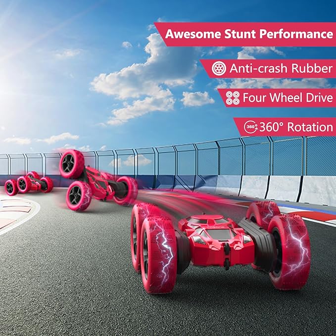 Remote Control Car for Boys - Car Toy for Kids Age 6 7 8 9, 4WD 2.4Ghz Double Sided 360° Rotating RC Cars with Headlights, Christmas Birthday for Boys and Girls - Red