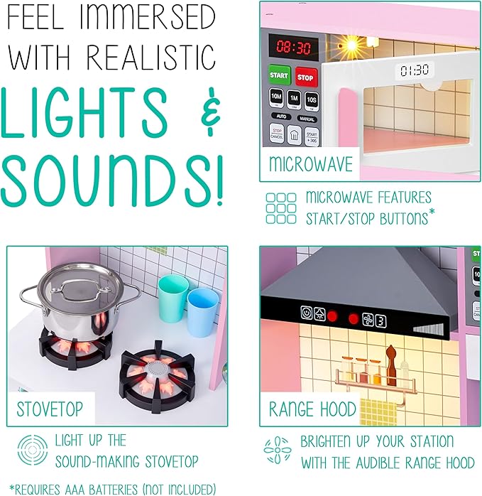 Lil' Jumbl Kids Wooden Pink Color Kitchen Set, Pretend Working Sink with Real Running Water, Includes Range Hood, Microwave & Stove Top That Make Realistic Sound & Light, Full Accessory Set Included