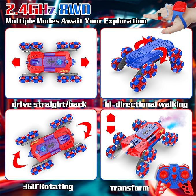 Remote Control Cars for Boys Gifts: Spider RC Cars Toys for Ages 6 7 8 9 10 11 12 13 Years Old - 2.4GHz 8WD Wall Climbing Remote Control Car for Kids Gesture Sensing RC Stunt Car with Light & Music