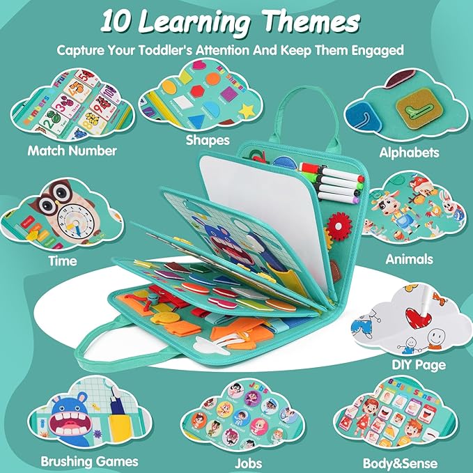 Montessori Busy Board - Sensory Learning Toys for Toddlers 1-6 Years, 10 Pages, 32 Activities, Airplane Car Travel Educational Toys for Autism, Baby Birthday Gift