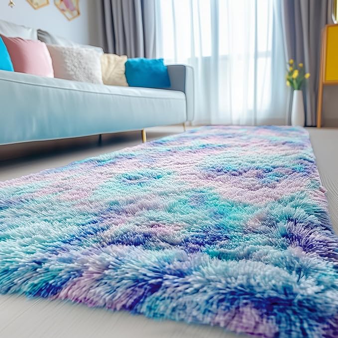 PAGISOFE Furry Rainbow Rugs for Bedroom Girls, 2x4 Soft Purple Shag Tent Rugs for Livingroom, Bedside, Kids Room, Nursery, Home Decor, Fluffy Fuzzy Carpet Plush Mermaid Kawaii Throw Rug Pink Rug