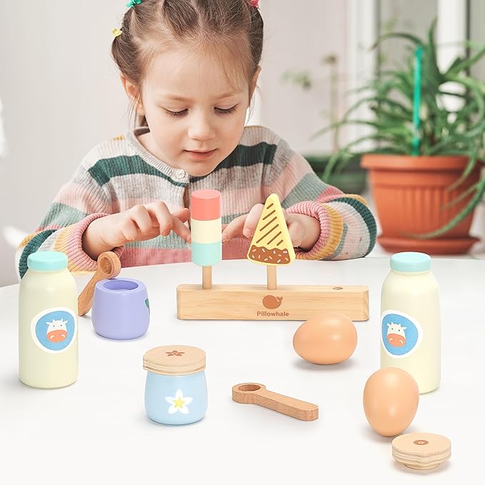Pillowahle Wooden Play Food for Kids Kitchen, Play Kitchen Accessories, Toy Food Fake Milk, Yogurt, Egg, Ice Cream, Birthday Gift for Boys & Girls 3+