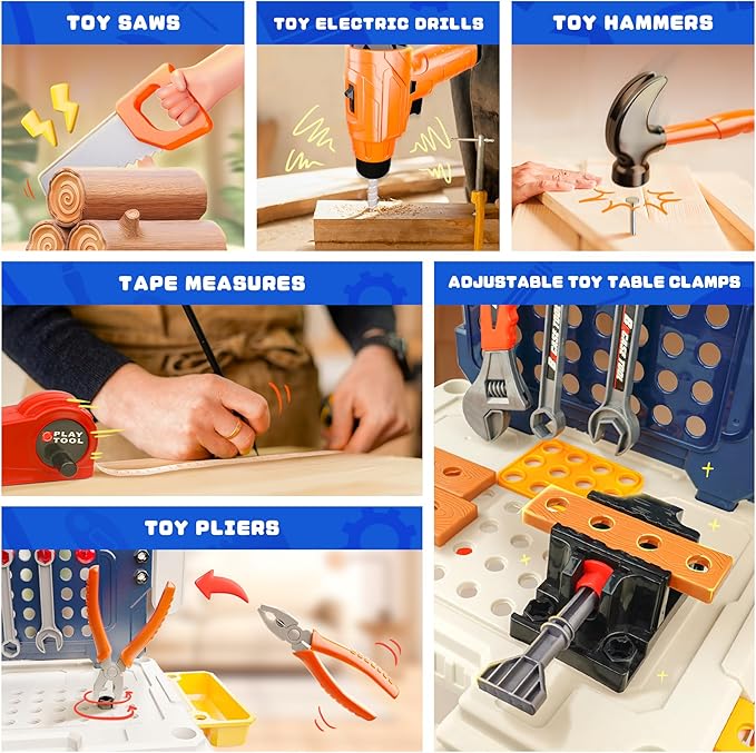 Toy Choi's Kids Tool Bench - 4 in 1 Kids Workbench with Electric Drill, Pretend Play Gift for Boys & Girls Age3-5 4-8