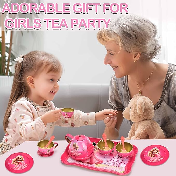 19-Piece Princess Tea Party Set for Girls, Pretend Play Tin Tea Set with Carrying Case, Kids Party Toys for 3-6 Year Olds