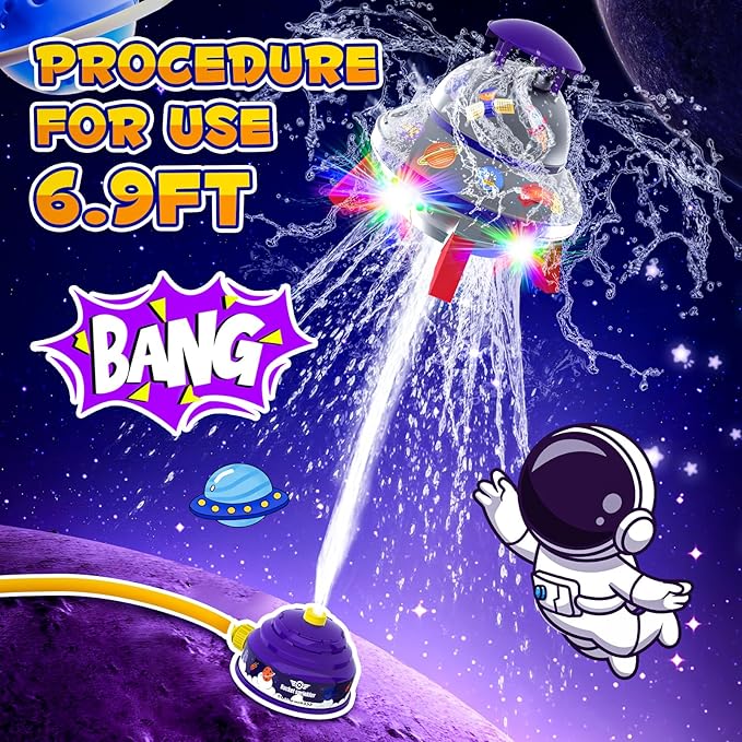 Outdoor Water Sprinkler Toys for Kids, Summer Water UFO Spaceship Rocket Sprinklers Launch Toys with Light, Ideal Holiday Backyard Lawn Yard Game Birthday Gift for Boys Girls 3 Years and Up (Purple)