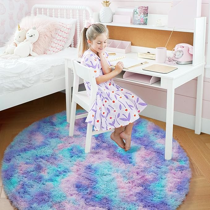 Amdrebio Purple Rainbow Round Rug 6Ft for Bedroom Girls Room Decor, Mermaid Stitch Frozen Kids Rugs for Playroom Nursery Classroom, Fluffy Fuzzy Cute Shag Carpet, Plush Circle Area Rugs for Princess