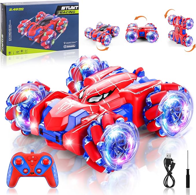 Spider Remote Control Car, 2.4Ghz RC Cars with Headlight Double Sided Off-Road 360° Rotating Rechargeable 4WD RC Stunt Car Indoor Outdoor Spider Toys for Boys 4-6 5-7 8-13