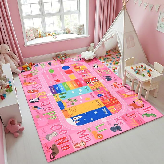 Pink Kids Rug for Playroom Classroom, ABC Alphabet Numbers Play Toddlers Rugs, 4x6 Learning Educational Bedroom Floor Mat, Washable Baby Carpet for Girls Room, Nursery, Preschool, Daycare