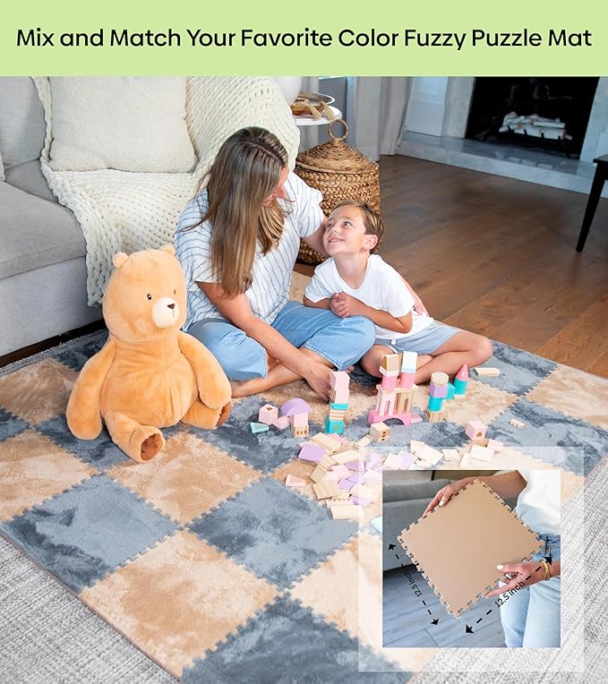 16 Piece Carpet Squares Puzzle Mat 49" x 49" Plush Interlocking Carpet Tiles, Foam Floor Tiles for Baby Play Mat - Kids Soft Play Floor Mats, Anti Slip Jigsaw Flooring Playmat Playroom Rug (Grey)