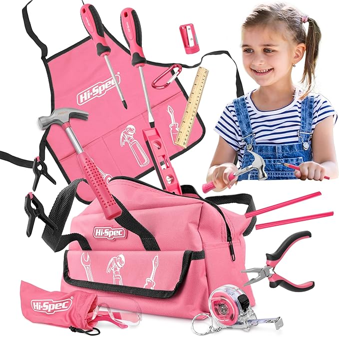 Hi-Spec 18pc Pink Kids Tool Kit Set & Child Size Tool Bag. Real Kit for DIY Building, Woodwork & Construction