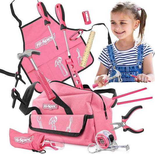 Hi-Spec 18pc Pink Kids Tool Kit Set & Child Size Tool Bag. Real Kit for DIY Building, Woodwork & Construction