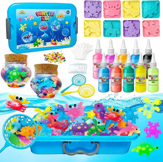 AGENTLAN Magic Water Elf Toy Kit，Aqua Fairy Squishy Making kit with 10 Water gels&8 molds,Magic Jelly elf,Glow in The Dark Water Pets Craft Kits,Sensory Toy Gift Ages 3 4 5 6 7 8 9