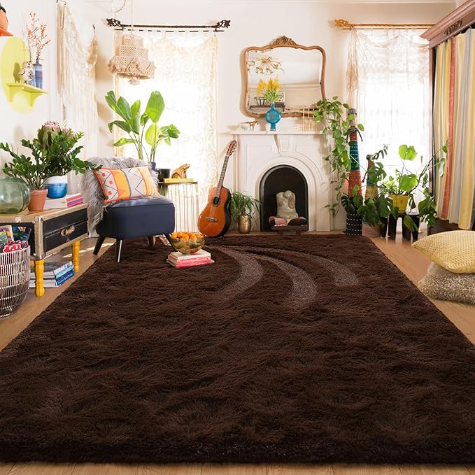 Amearea Shag Fluffy Area Rug for Bedroom Girls Living Room, Extra Soft and Fuzzy Shaggy Rugs, Non Slip, Solid Color Carpet Mat for Boys Nursery Home, Brown 5.3x7.5 Feet