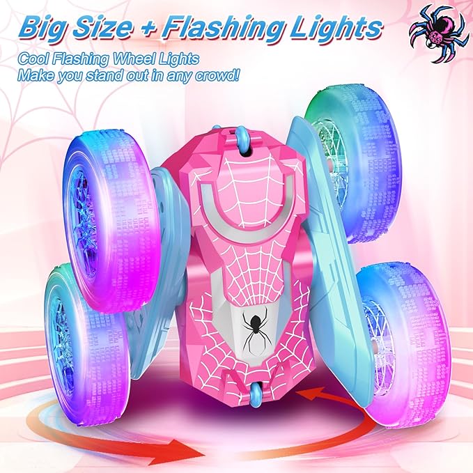 NQD Pink Remote Control Car for Girls, 360° Spin Flip RC Stunt Car with Flashing Wheel Lights 2 Batteries, Double Sided 4WD Off-Road RC Toy Gift for Girls Xmas Birthday