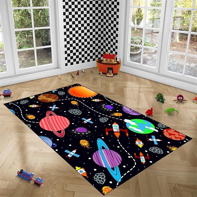 Solar System Rugs for Boys - 3'×4' Outer Space Children Play Area Rug Satellite Rockets Pattern Satellite Rockets Play Mat Rug for Boys Girls Galaxy Carpet Mat for Dinning Dorm Living Room
