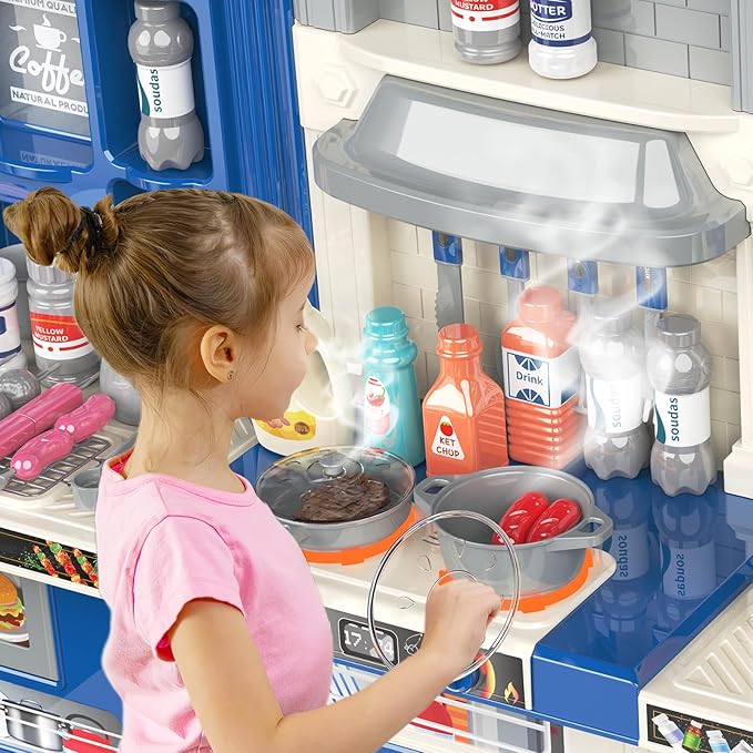 Kids Kitchen playset, Play Kitchen for Kids Ages 4-8, Accessories Set with Realistic Lights and Sounds, Simulation of Spray and Play Sink, Kitchen Set for Kids Ages 3-5 for Girls and Boys