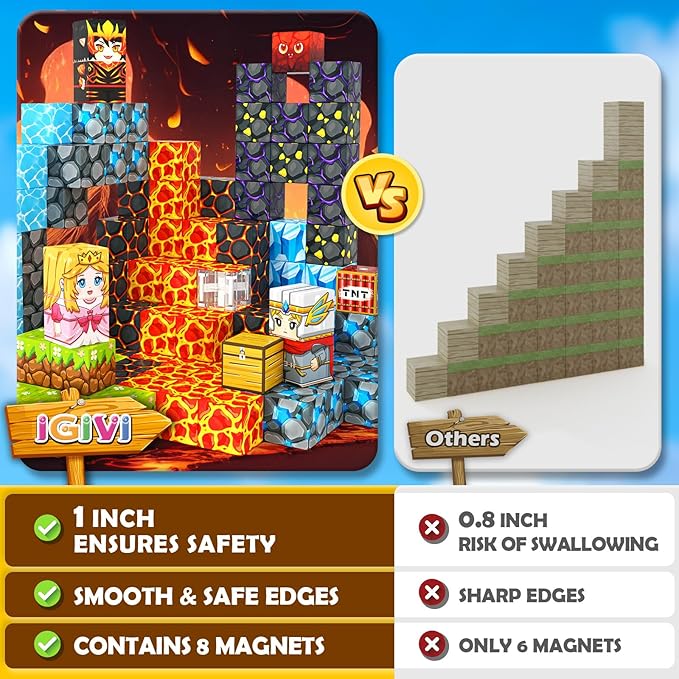 Magnetic Blocks - Build Mine Magnet World Lava Valley Set, 1" Magnetic Cube Building Toys for Kids Ages 3+, Montessori Sensory Toys for Toddlers, Creative Game Themed Toy Gifts for Boys & Girls