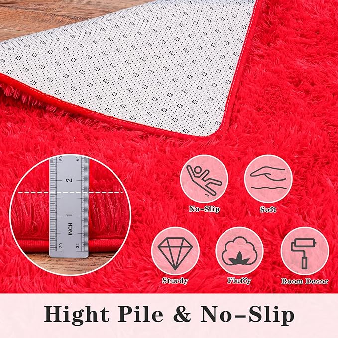 Super Fluffy Rugs for Living Room, 9x12 Modern Shag Red Area Rugs, Soft and Cozy Plush Large Under Bed Carpet for Kids, Girls Boys and Teens Decorations for Bedroom Dorm Nursery Classroom