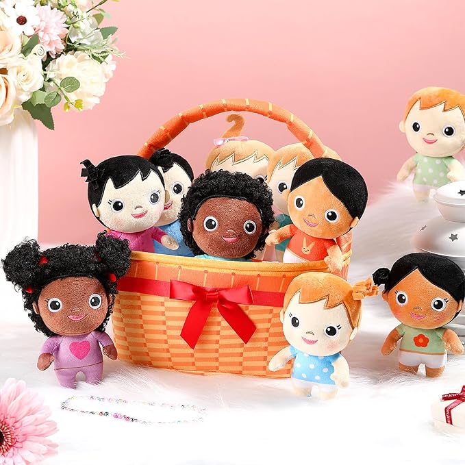 HyDren Basket Plush Baby Dolls, Set of 10 Soft Multicultural Sensory Dolls 6'' Plush Diversity Toys for Preschool Classroom, Easter Toddler Baby Toys for Kids Girls Boys All Ages