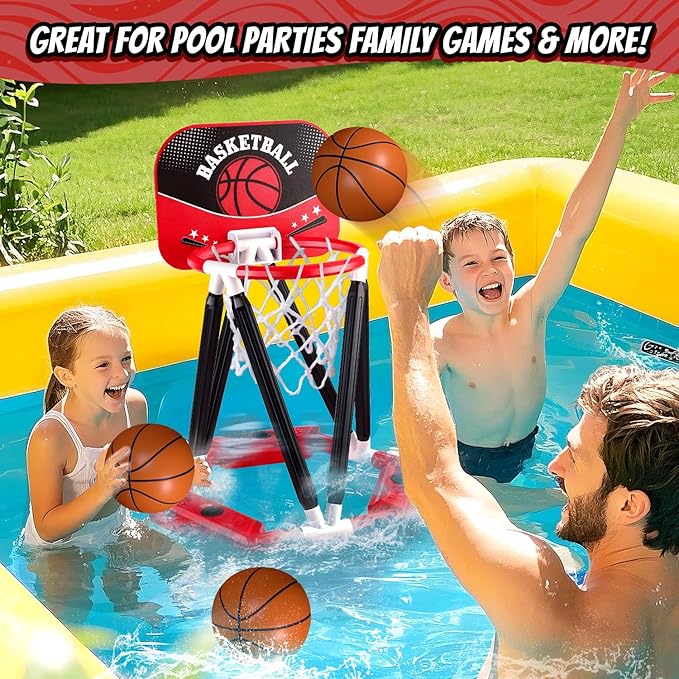 Pool Basketball Hoop Toys, Floating Basketball Hoop Pool Game with 4 Basketballs, Swimming Floats Toys with Balls Pump, Summer Outdoor Pool Water Play Toy for Kids and Adults (Red)