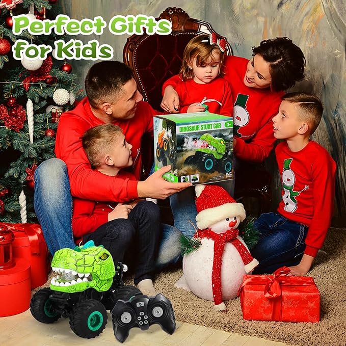 GEVINST Dinosaur Toys for Kids 5-7, RC Dinosaur Truck with Light Spray and Music, Christmas Birthday Gifts Toys for Ages 3 4 5-7 and up, All Terrain Off-Road Remote Control Cars