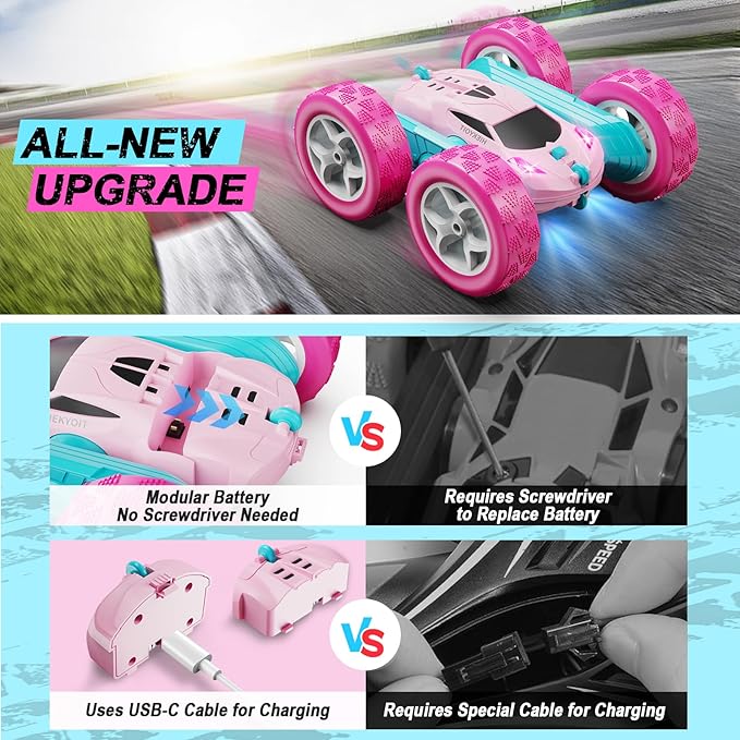 Remote Control Car, Pink RC Cars for Girls, 2.4 GHZ Double Sided RC Stunt Car 360° Rotating Remote Control Crawler with Headlights Cars Toys for 6 7 8 9 10 11 12 Girls Birthday