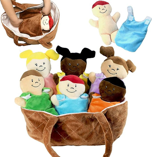 Basket of Babies Plush Baby Doll Set with Removable Clothing - Multicultural Diversity Baby Doll Toys for Boys and Girls with 6 Soft Baby Dolls, Interchangeable Clothing, Basket, Pillow, and Blanket