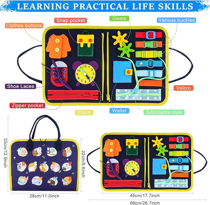 Busy Board Montessori Toys for 1 2 3 4 Year Old Boy & Girl Birthday Gifts, Busy Book for Toddlers 1-3, Sensory Educational Travel Toys, Preschool Activities for Learning Fine Motor Skills