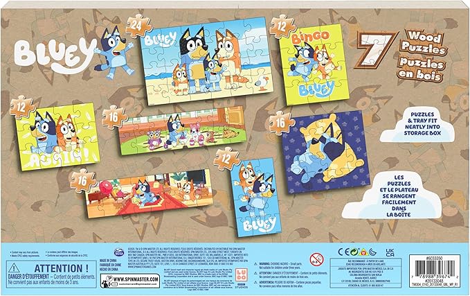 Spin Master Games, Bluey Puzzles 7-Pack, Wooden Jigsaw Puzzles for Preschoolers, 12, 16, & 24 Pieces, Storage Tray, Bluey Toys, Easter Basket Stuffers, for Ages 4 & Up