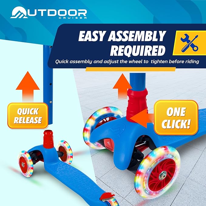 Outdoor Cruiser 3-Wheel Kids Scooter – with Lean-to-Steer Technology, Led Lighted Wheel, 4-Level Adjustable Height T-bar Handle, Support Kids Up to 150 Lbs, for Boys & Girls Ages 3-8, Blue and Red