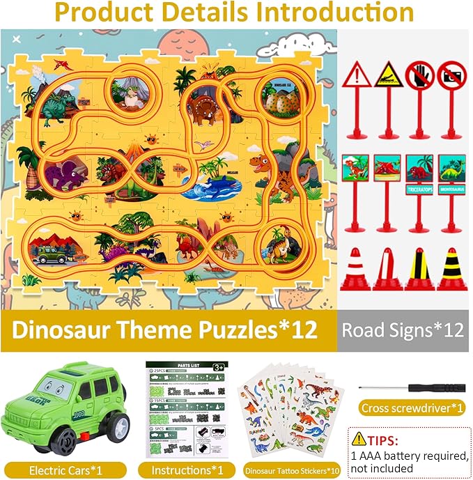 25PCS Puzzle Racer Kids Car Track Set Dinosaur Themed Series, Puzzle Track Car Play Set, Rail Car Puzzle Track, Kids Car Track, Educational Puzzle Toys Gifts for Kids Boys and Girls